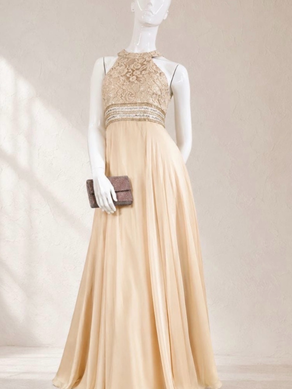 Champagne Lace Halter Evening Gown